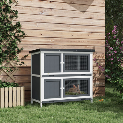 PawHut Wood Rabbit Hutch with 2 Large Main House, Ramp, Trays, Grey