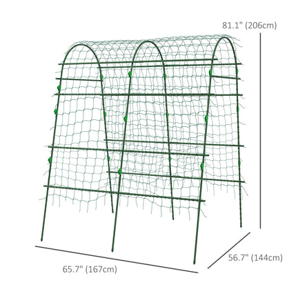 Outsunny Arched Garden Trellis w/ Climbing Net Metal Cucumber Plant Trellis A-Frame for Climbing Plants 57" x 66" x 81"