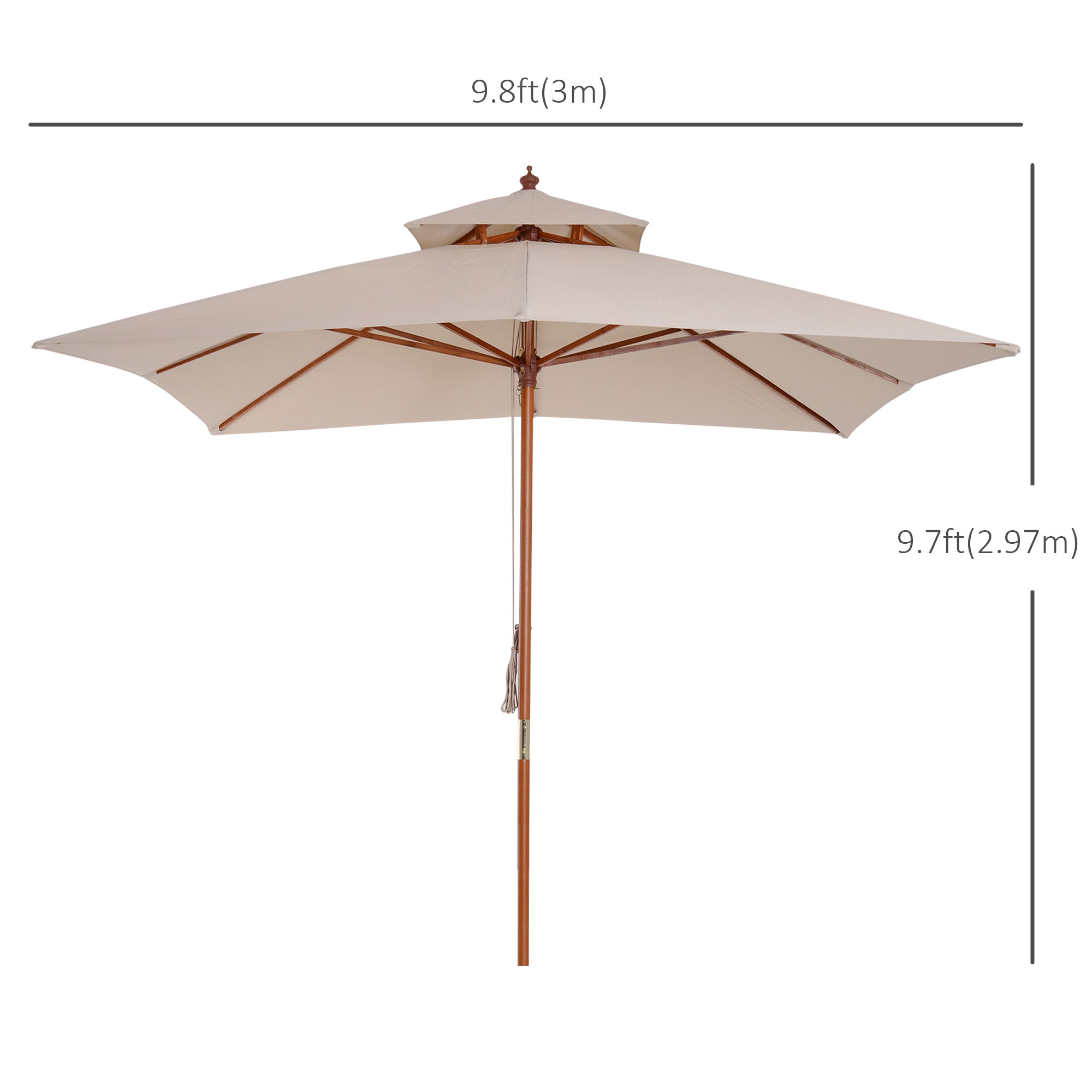 Outsunny 10x10ft Wood Square Patio Umbrella Garden Market Parasol Sunshade Canopy with 2 Pulley Pagoda Style, Khaki
