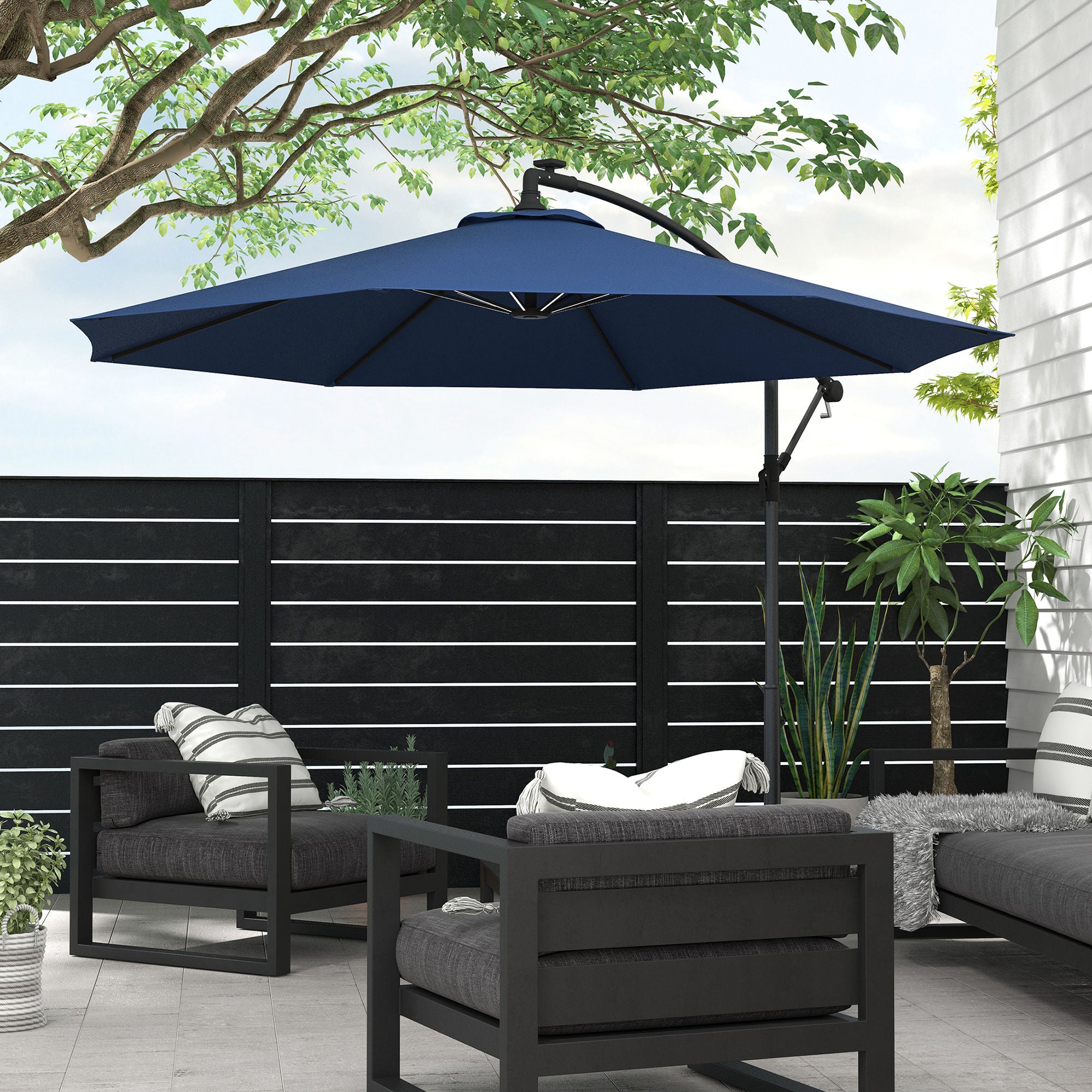Outsunny 10ft Outdoor Cantilever Hanging Offset Umbrella with Solar LED Lights, Crank, Cross Base, Aluminum Frame, Blue