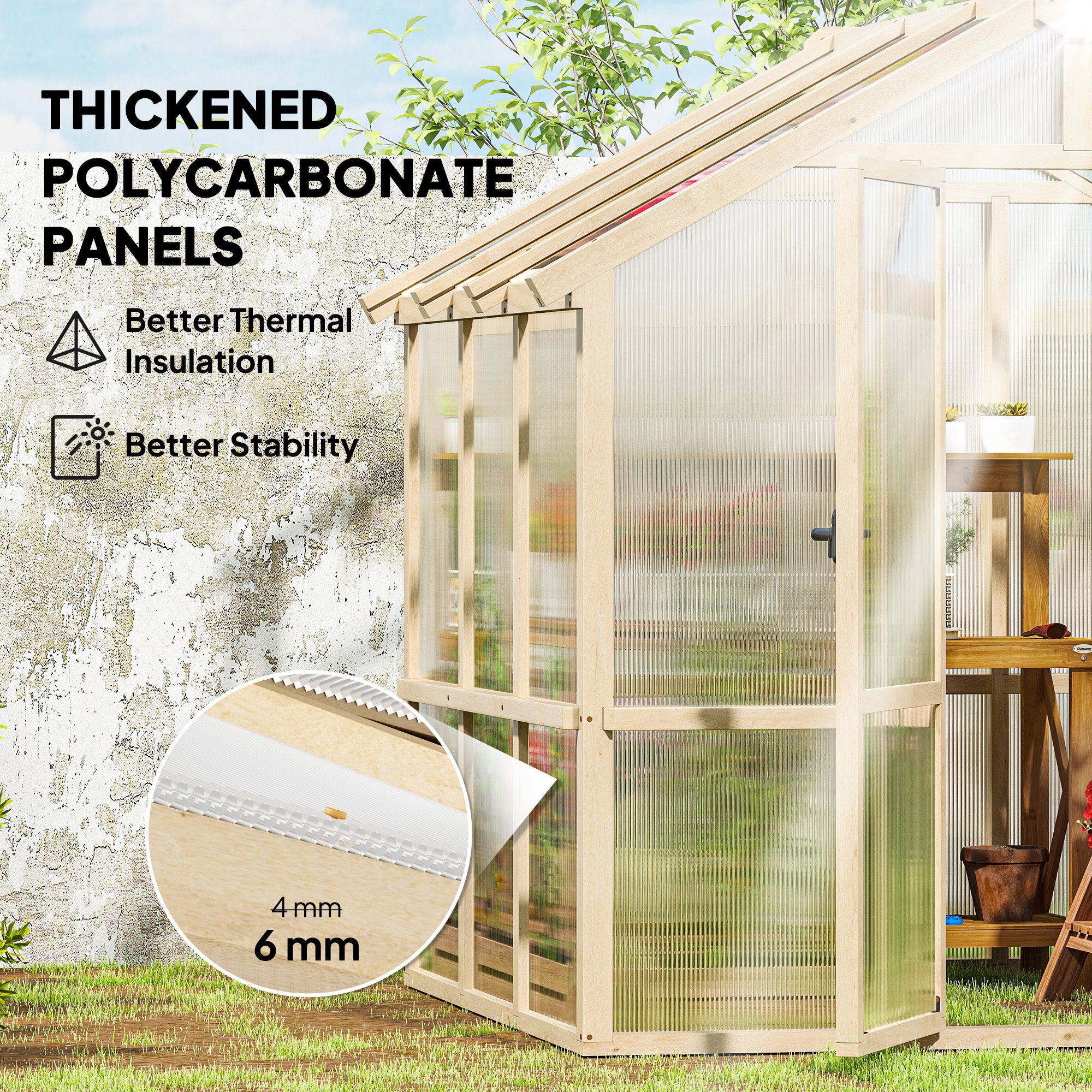 Outsunny 6.6 x 6ft Polycarbonate Greenhouse Wooden Green House with Thickened Polycarbonate Sheets, Lockable Door, Brown