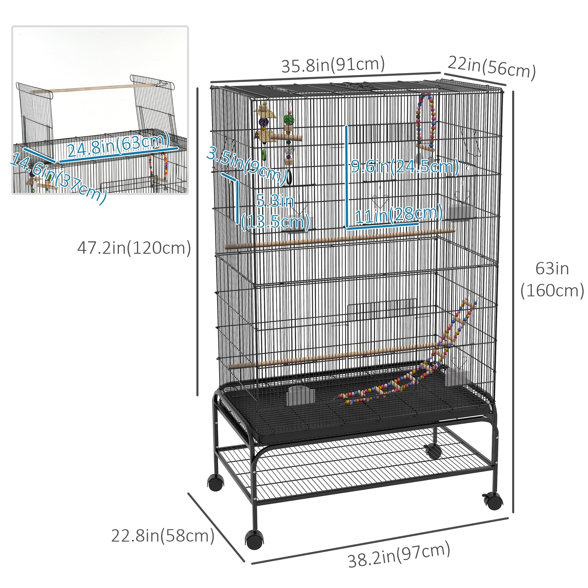 PawHut 63" Bird Cage w/ Open Top for Budgies, Cockatiels, Lovebirds Finches, Stand, Toys, Removable Tray, Storage Shelf
