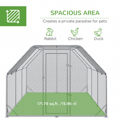 PawHut Chicken Run, Galvanized Large Metal Chicken Coop Cage, Walk-in Enclosure Poultry Hen Run House Playpen Rabbit Hutch with Flat Roof, Cover, for Outdoor Backyard, 9.2' x 18.7' x 6.5', Silver