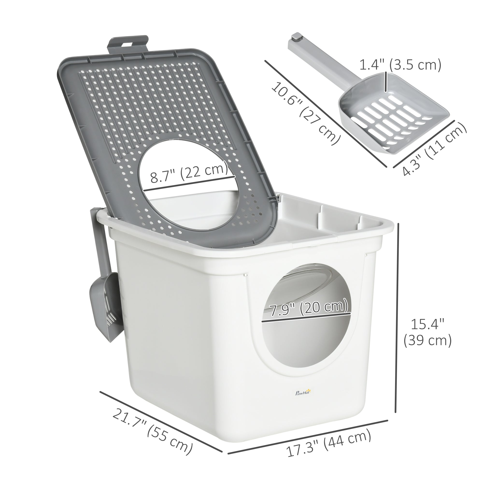 PawHut Enclosed Cat Litter Box, Easy Cleaning Kitty Litter Box with Front Entrance, Top Exit, Scoop, White
