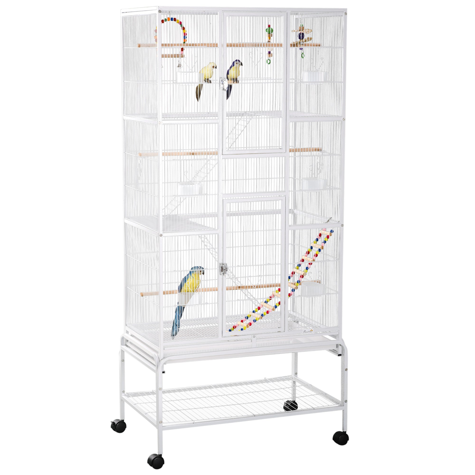 PawHut 71" Bird Cage with Wheels Perches, Ramp, Storage Shelf, Toys for Canaries, Finches, Cockatiels, Parakeets, White
