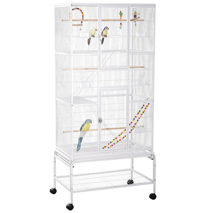 PawHut 71" Bird Cage with Wheels Perches, Ramp, Storage Shelf, Toys for Canaries, Finches, Cockatiels, Parakeets, White