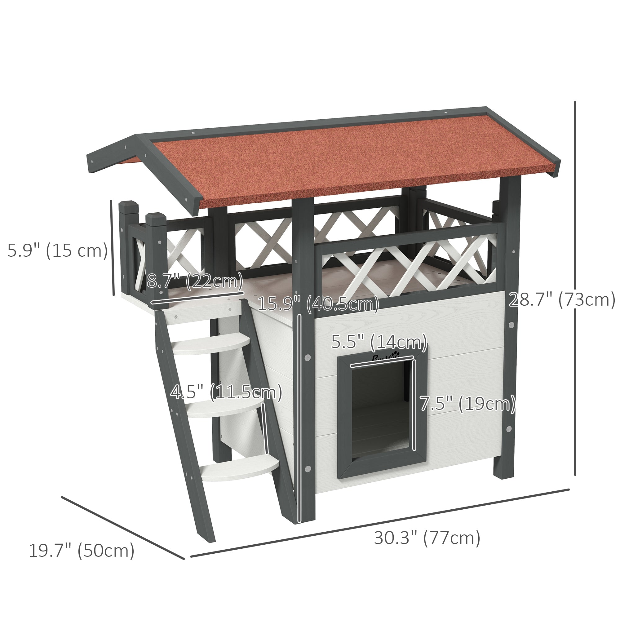 PawHut Wooden 2-Story Shelter for Feral Cats with Asphalt Roof, Stairs, Balcony, 30" x 20" x 29", White