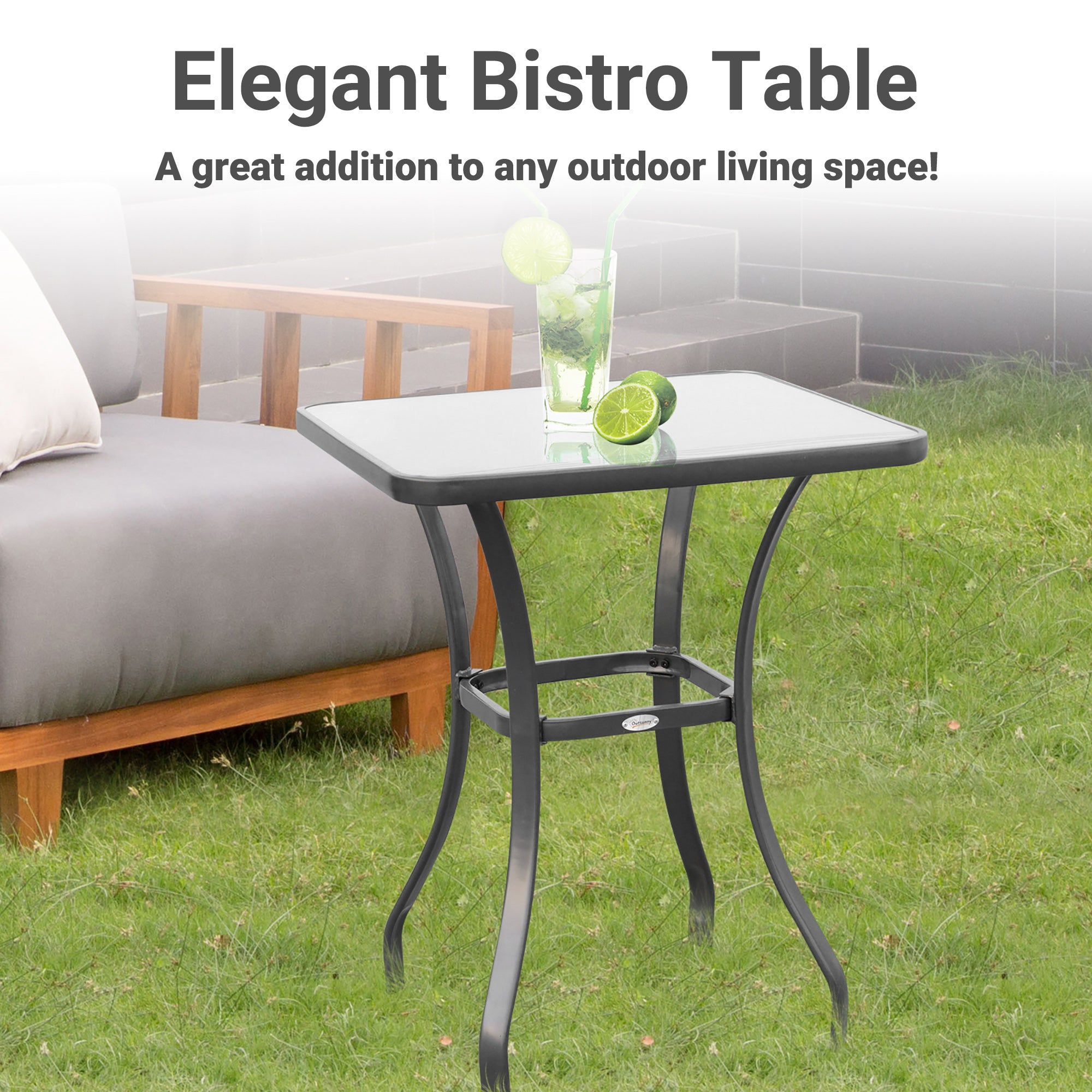 Outsunny 27" Patio Square Table with Tempered Glass Top Outdoor Dining Bar Table Steel Backyard Bistro Table Steel Frame