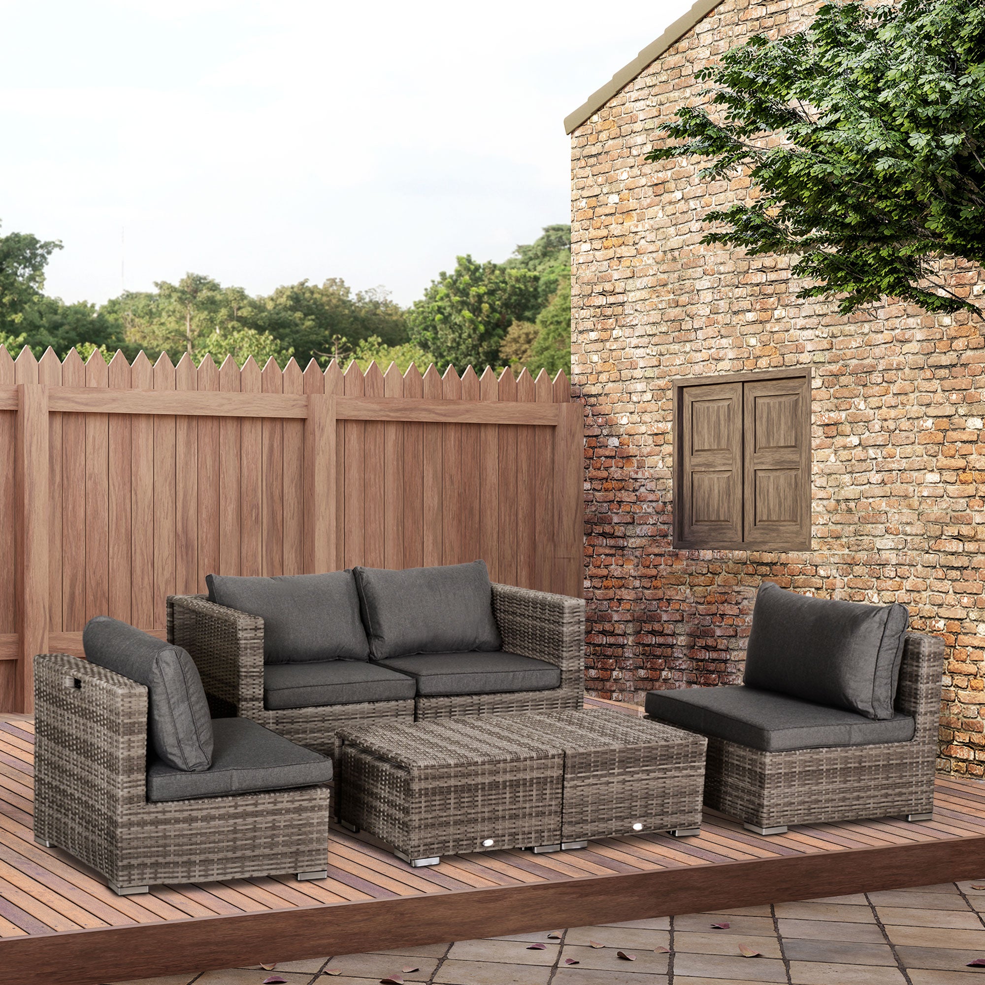 Outsunny 8 Pieces Patio Furniture Set, Outdoor Wicker Rattan Sofa Set Yard Conversation Seat Tea Table and Footstool Garden Patio Furniture w/ 2 Set Cushion Cover Grey & Orange