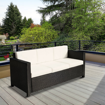 Outsunny Deluxe 3 Seat Rattan Wicker Sofa Garden Outdoor Patio Furniture with Cushion, Cream White