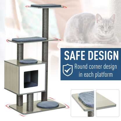 PawHut 47.2" Cat Tree, Kitten Scratcher, Activity Center, Play House with Condo Sisal, Scratching Post, and Mat - Grey