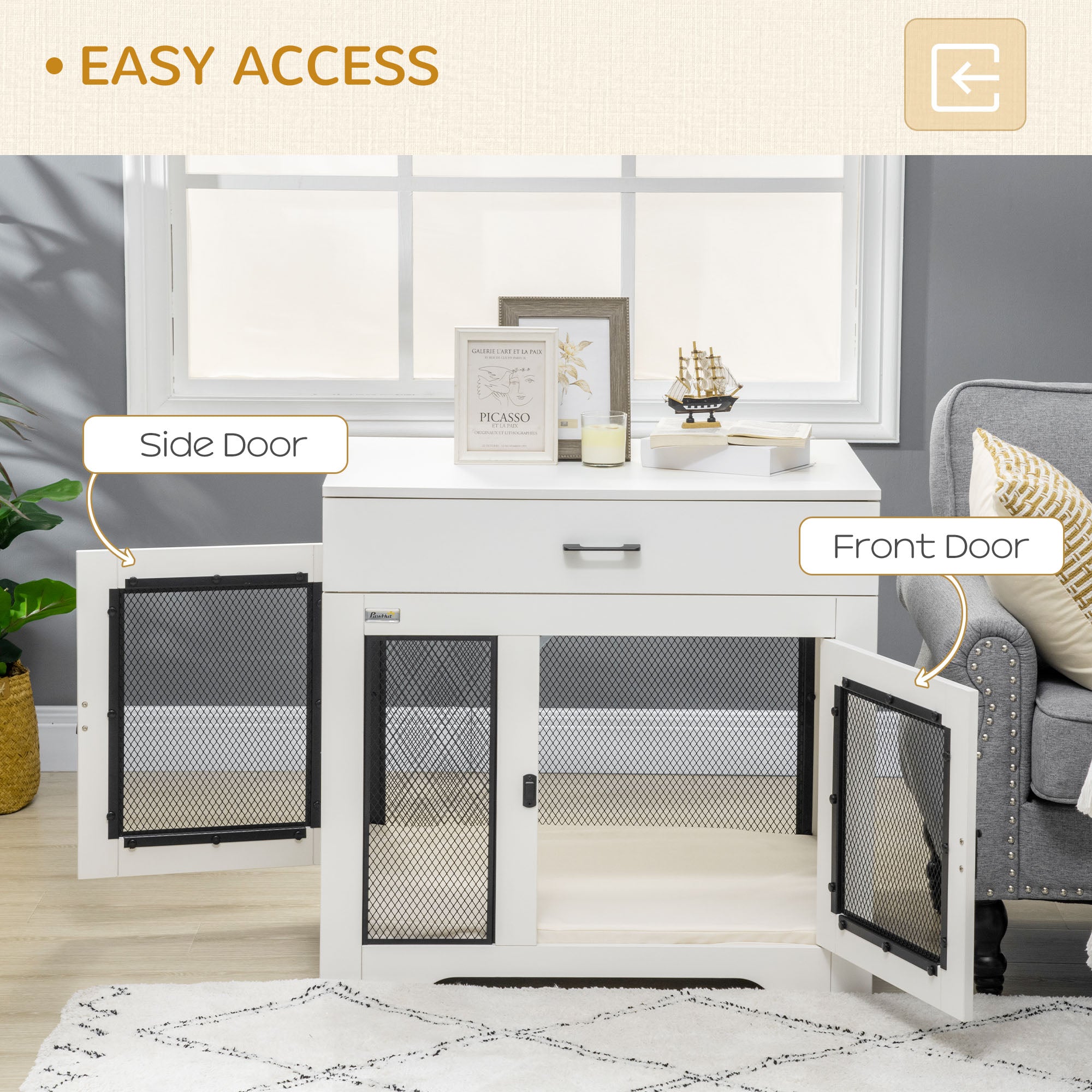 PawHut Dog Crate Furniture with Cushion, 2 Doors, Storage, Dog Kennel End Table for Small Medium Dogs, White