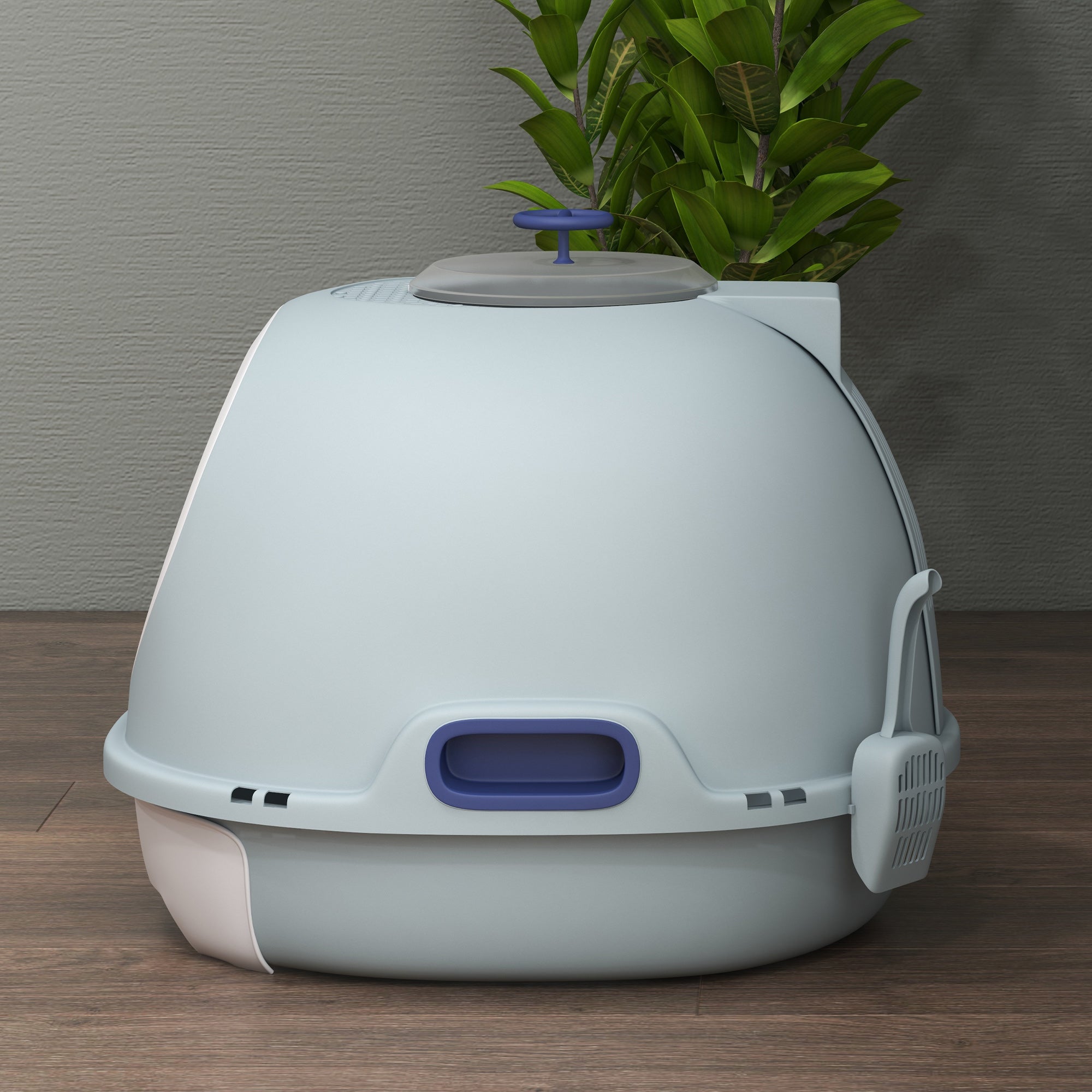 PawHut Cat Litter Box Toilet with Lid, Covered Litter Box with Scoop, Enclosed Drawer and Skylight, Blue