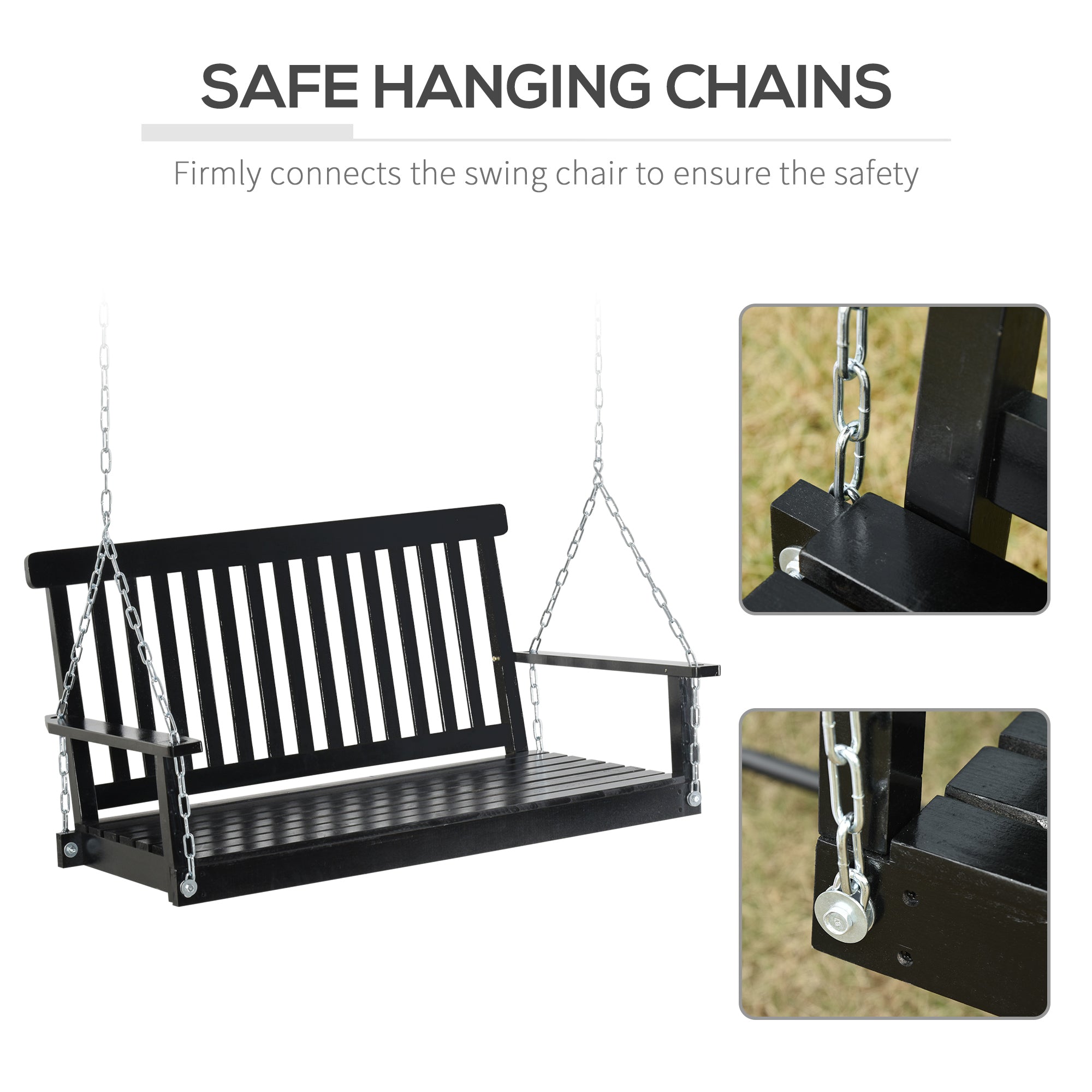 Outsunny 2-Seater Patio Swing Chair, Fir Wooden Porch Swing with Slatted Design, Hanging Chains for Outdoor, Garden, Black