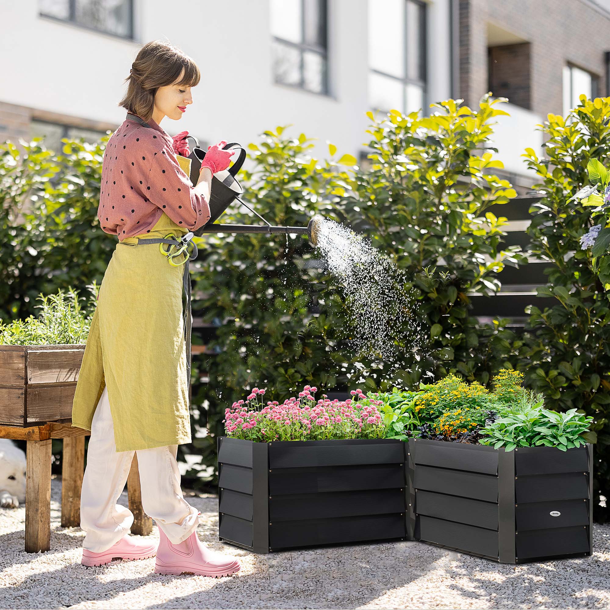 Outsunny 45" x 45" x 17" L-Shaped Galvanized Steel Raised Garden Bed for Vegetables, Flowers, Herbs, Dark Grey