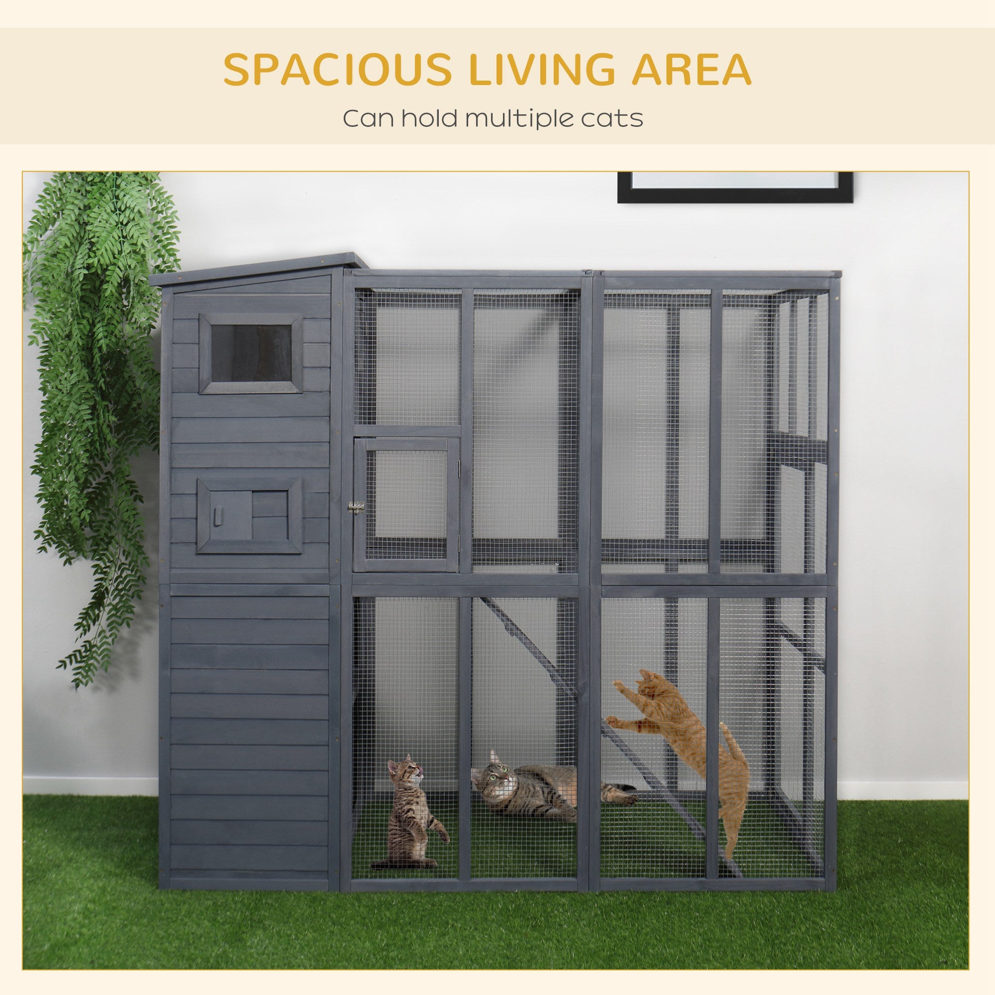 PawHut Outdoor Wooden Catio with 4 Tier Main House, Ramp, Platforms, Asphalt Roof, Ramps, Sliding Door, Window, Grey