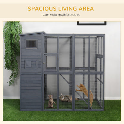 PawHut Outdoor Wooden Catio with 4 Tier Main House, Ramp, Platforms, Asphalt Roof, Ramps, Sliding Door, Window, Grey