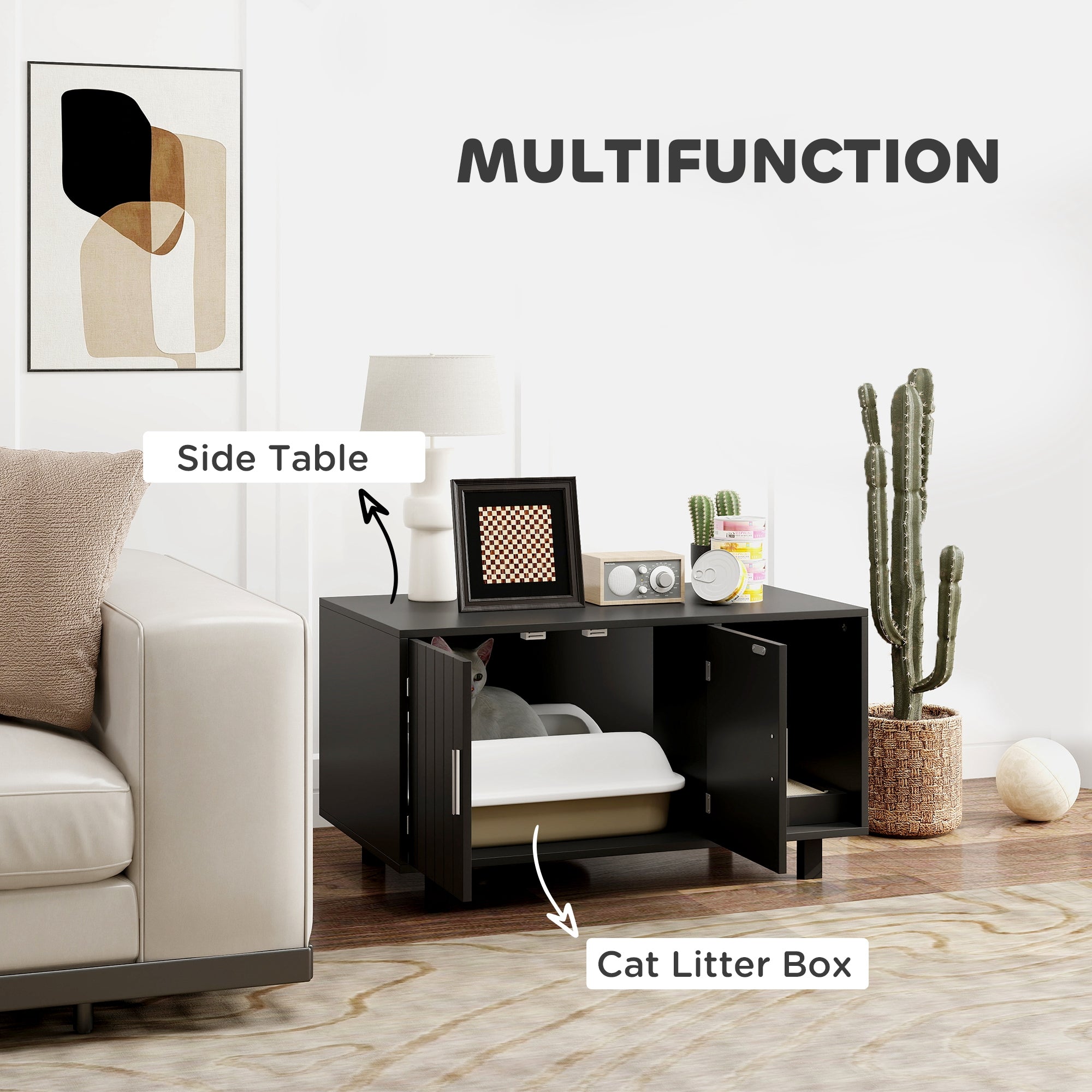 PawHut Cat Litter Box Enclosure, Cat House End Table with Scratcher, Black