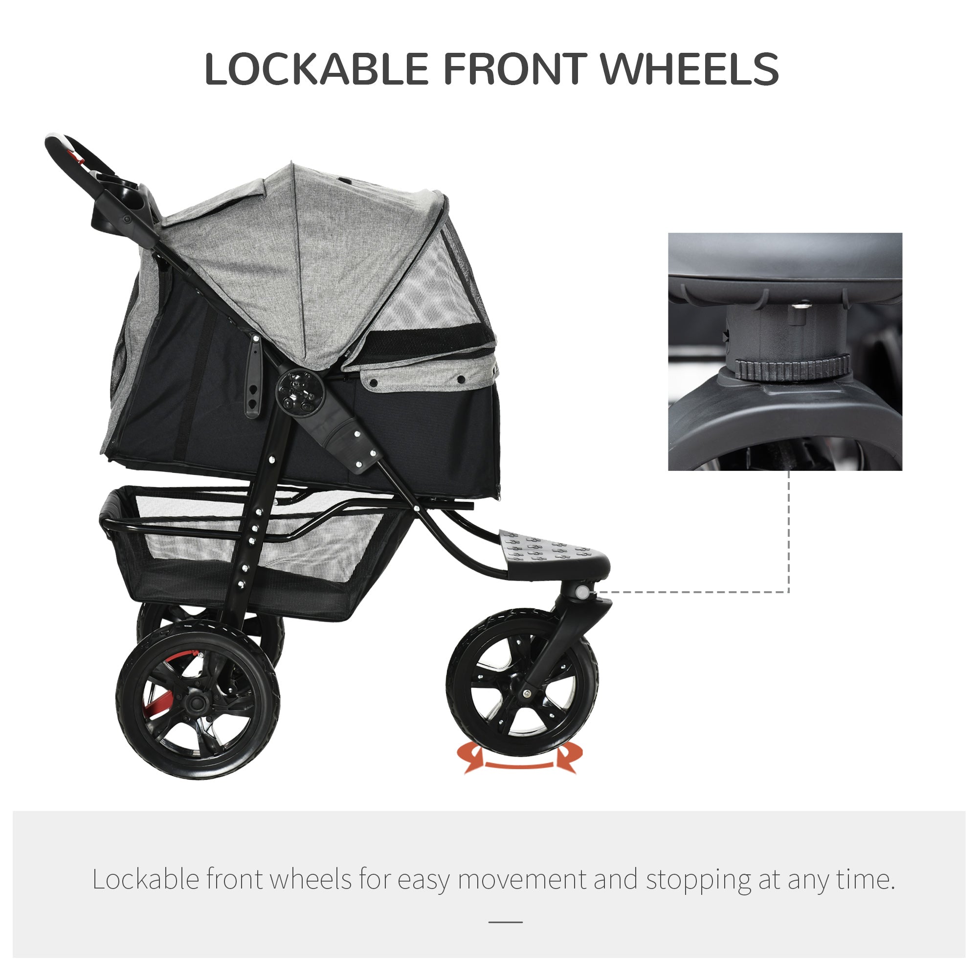 PawHut 3 Wheel Folding Dog Stroller, Jogger Travel Carrier with Adjustable Canopy, Storage Brake, Mesh Window for S&M Dogs Grey