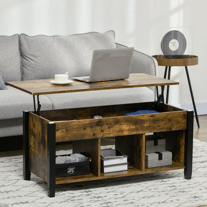 HOMCOM Lift Top Coffee Table with Hidden Storage Compartment and 3 Lower Shelves, Pop-Up Center Table for Living Room, Rustic Brown