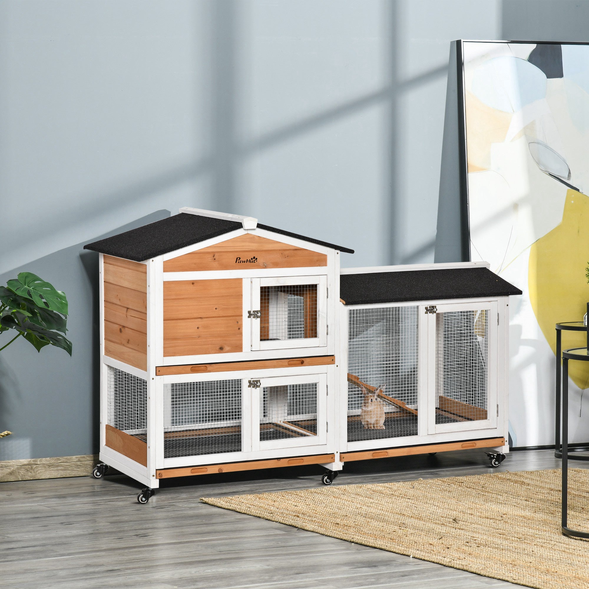 PawHut 62" Wooden Rabbit Hutch with Wheels, Run Box, Tray, Ramp for Small Animals, Guinea Pig, Indoor Outdoor Use, Yellow