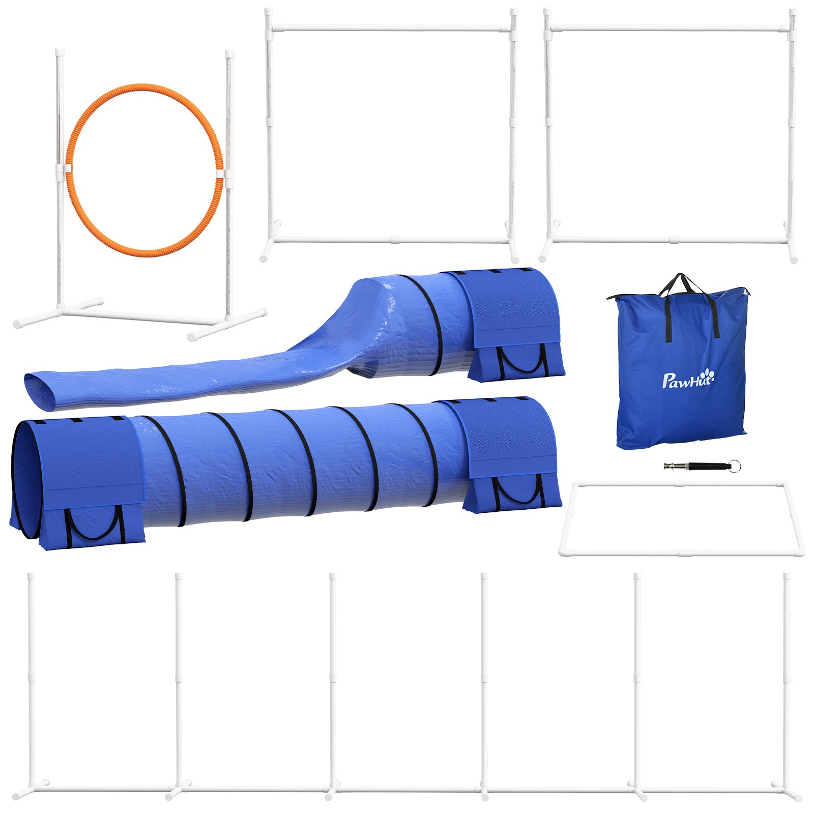 PawHut 7 Pcs Dog Agility Kit w/ Tunnels, Weave Poles, Adjustable Hurdles, Jump Ring, Pause Box, Whistle, Carry Bag, Blue