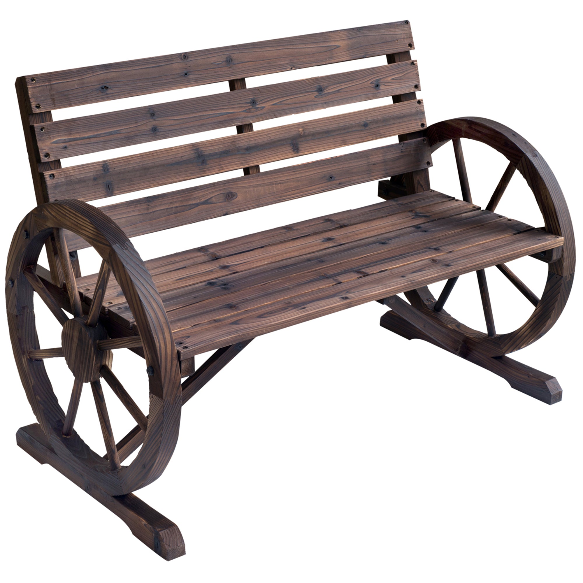 Outsunny 42" Wood Wagon Wheel Bench Garden Loveseat Rustic Seat Relaxing Lounge Chair Outdoor Decorative Seat Park Decor, Brown