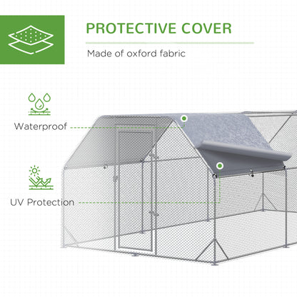 PawHut Chicken Run, Galvanized Large Metal Chicken Coop Cage, Walk-in Enclosure Poultry Hen Run House Playpen Rabbit Hutch with Flat Roof, Cover, for Outdoor Backyard, 9.2' x 18.7' x 6.5', Silver