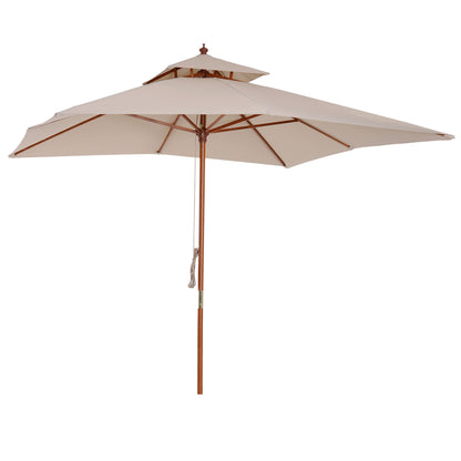 Outsunny 10x10ft Wood Square Patio Umbrella Garden Market Parasol Sunshade Canopy with 2 Pulley Pagoda Style, Khaki