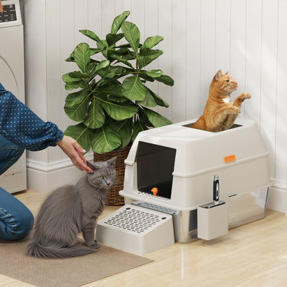 PawHut Stainless Steel Cat Litter Box with Lid, High Sided, Scoop, Easy Clean, Non-Sticky & Anti-Leakage, Light Grey