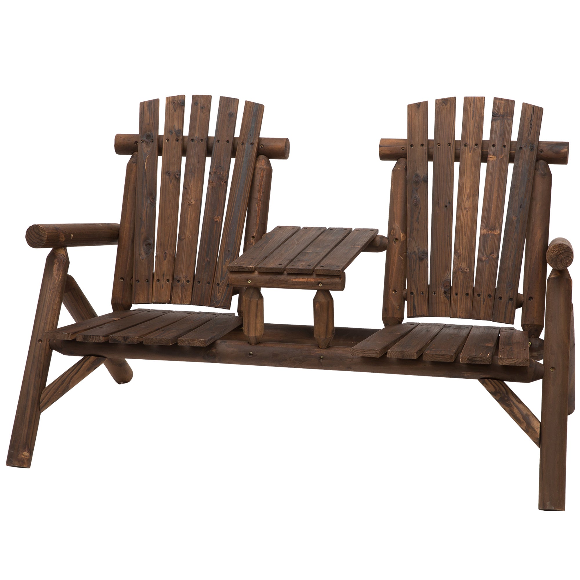 Outsunny Wood Adirondack Patio Chair Bench with Center Coffee Table, for Lounging and Relaxing Outdoors Carbonized
