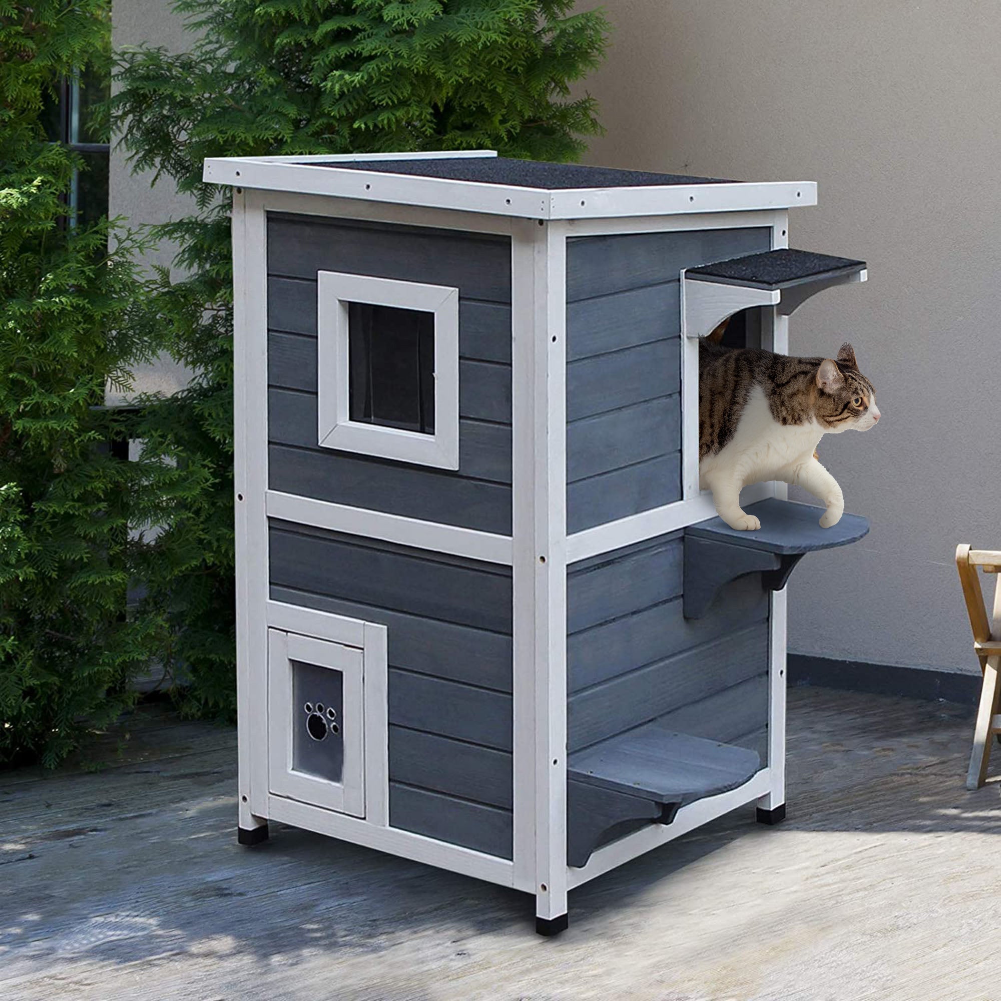 PawHut 2 Story Wooden Outdoor Cat House with Windows, Platforms, Openable Top, Asphalt Roof, Grey