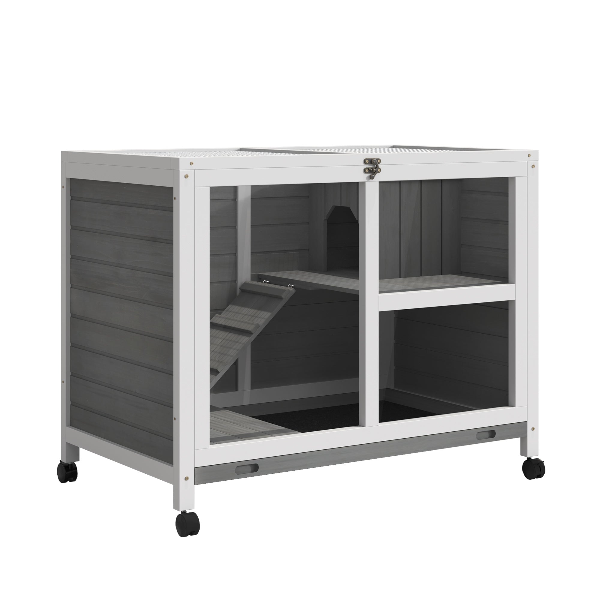 PawHut Indoor Rabbit Hutch with Wheels, Bunny Cage Guinea Pig House W/ Top Access, Ramp, Pull Out Tray, Grey