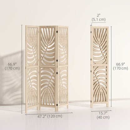 HOMCOM 3 Panel Room Divider, Detachable Folding Privacy Screens with Palm Leaf Design for Home Office, Natural Wood Finish