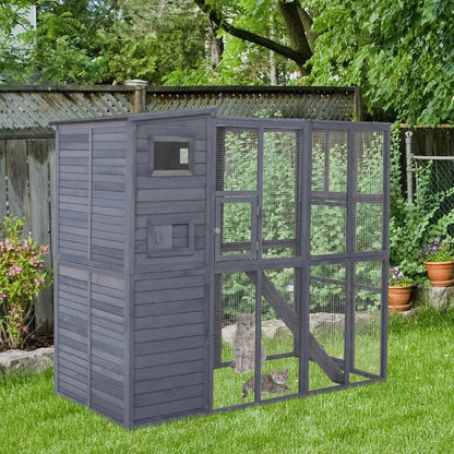 PawHut Outdoor Wooden Catio with 4 Tier Main House, Ramp, Platforms, Asphalt Roof, Ramps, Sliding Door, Window, Grey