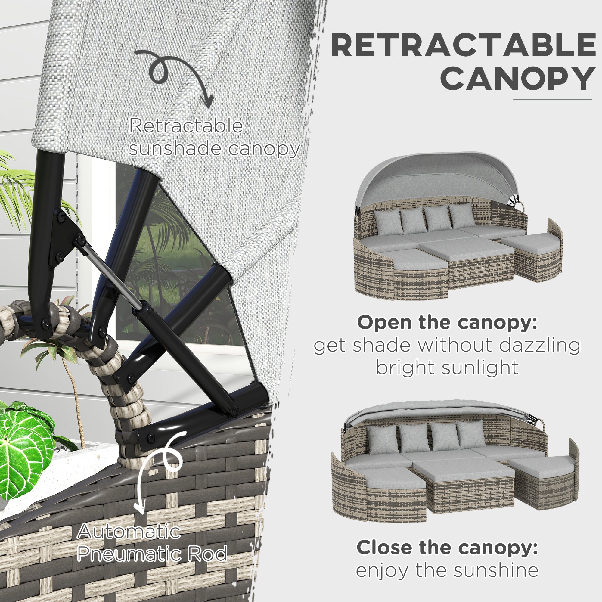 Outsunny 4 Pieces Patio PE Wicker Round Daybed, Outdoor Rattan Garden Lounge Furniture Sets, Light Grey
