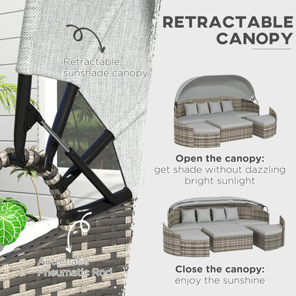 Outsunny 4 Pieces Patio PE Wicker Round Daybed, Outdoor Rattan Garden Lounge Furniture Sets, Light Grey