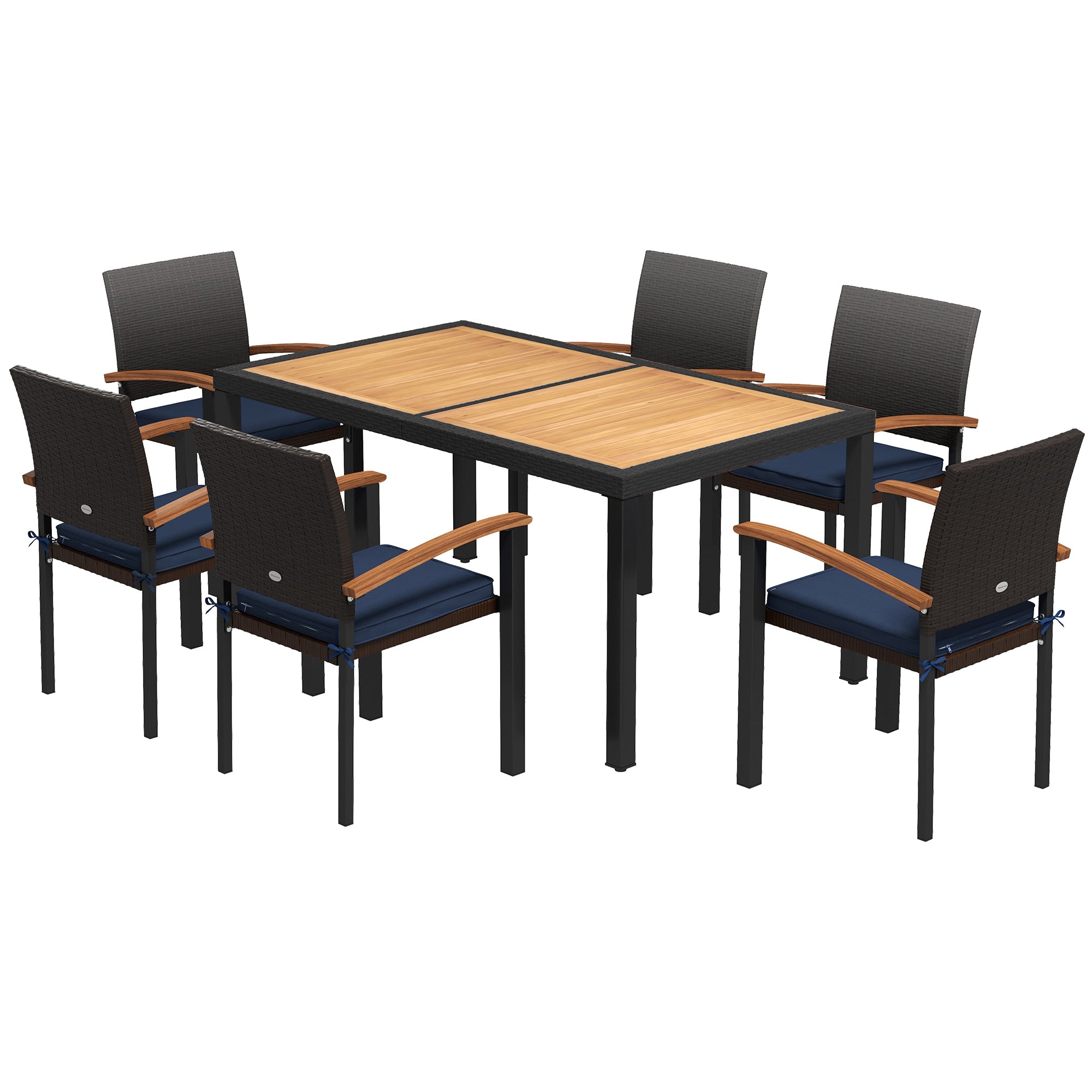 Outsunny Outdoor Dining Set 7 Pcs Space-Saving PE Rattan Patio Table and Chairs w/ Acacia Wood Table Top Soft Cushions, Black