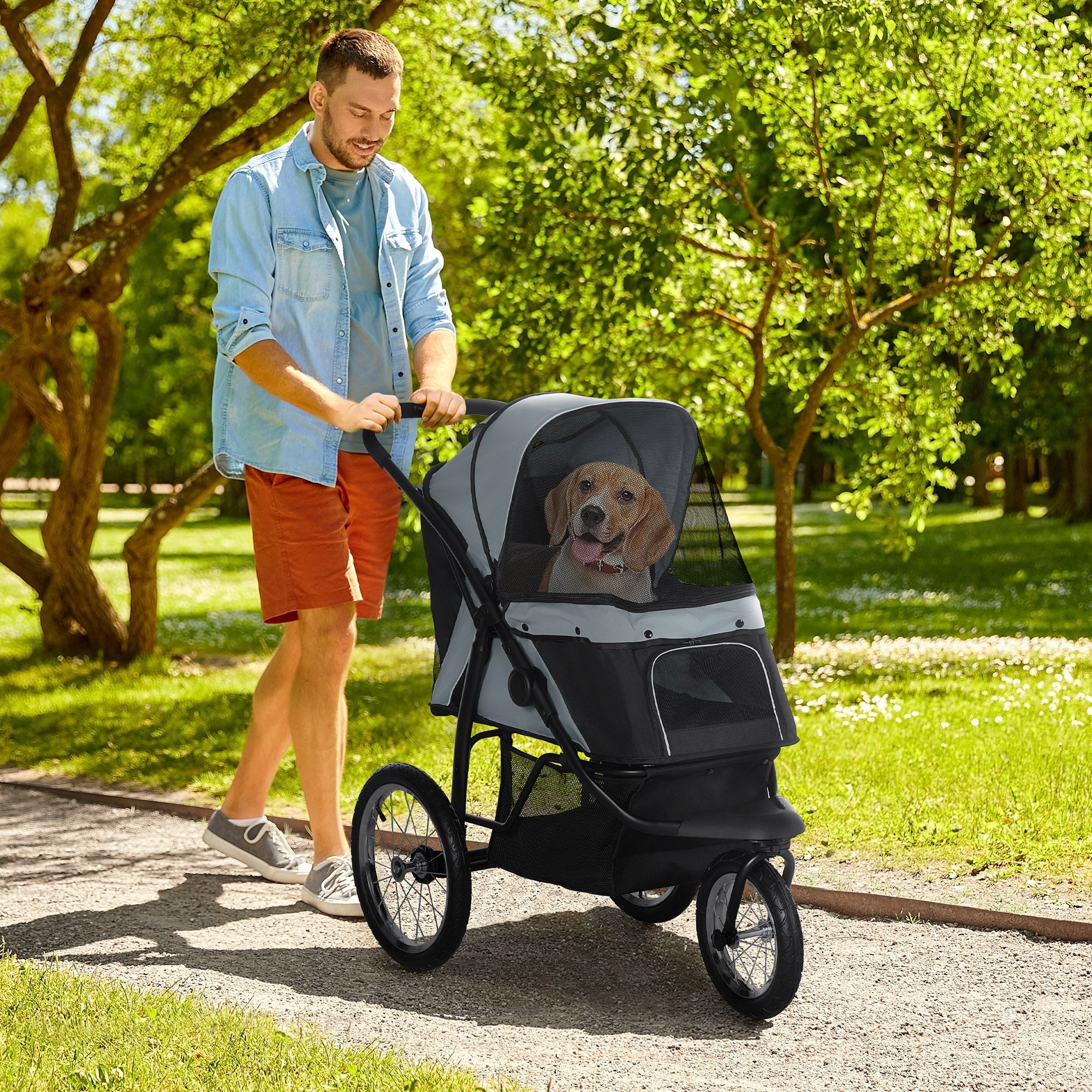 PawHut 3 Big Wheels Pet Stroller for Small, Medium Dogs, Cat Stroller Travel Folding Carrier with Adjustable Canopy, Black