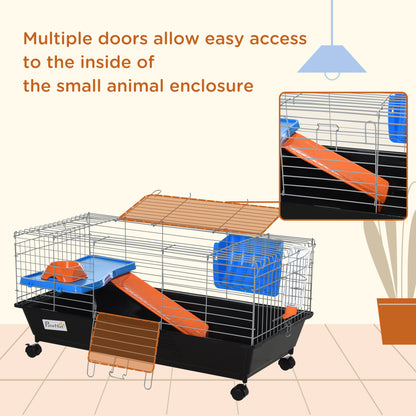 PawHut Small Animal Cage, Rolling Bunny Cage, Guinea Pig Cage with Food Dish, Water Bottle, Hay Feeder, Platform, Ramp, Black
