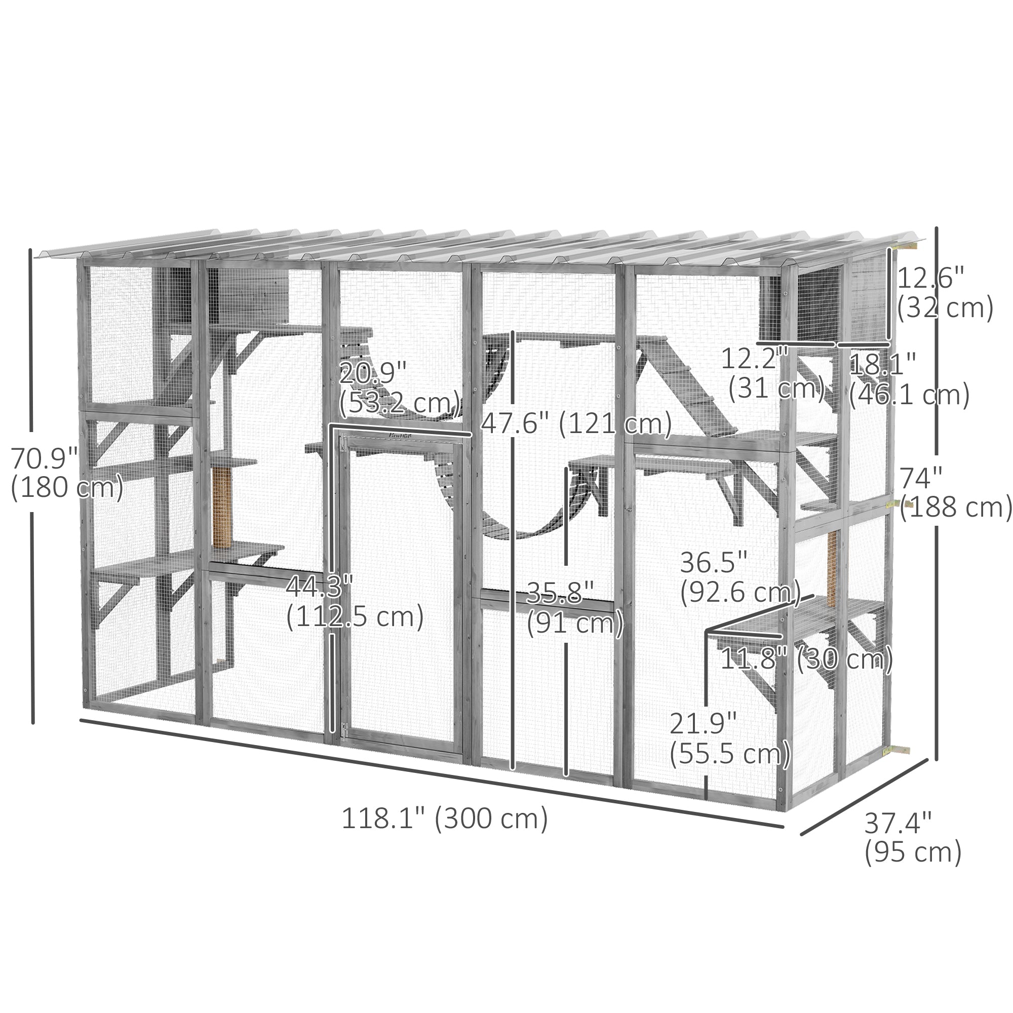 PawHut Large Outdoor Catio with Condos, Platforms, Doors, Ladders, Weather-Resistant Roof, Grey