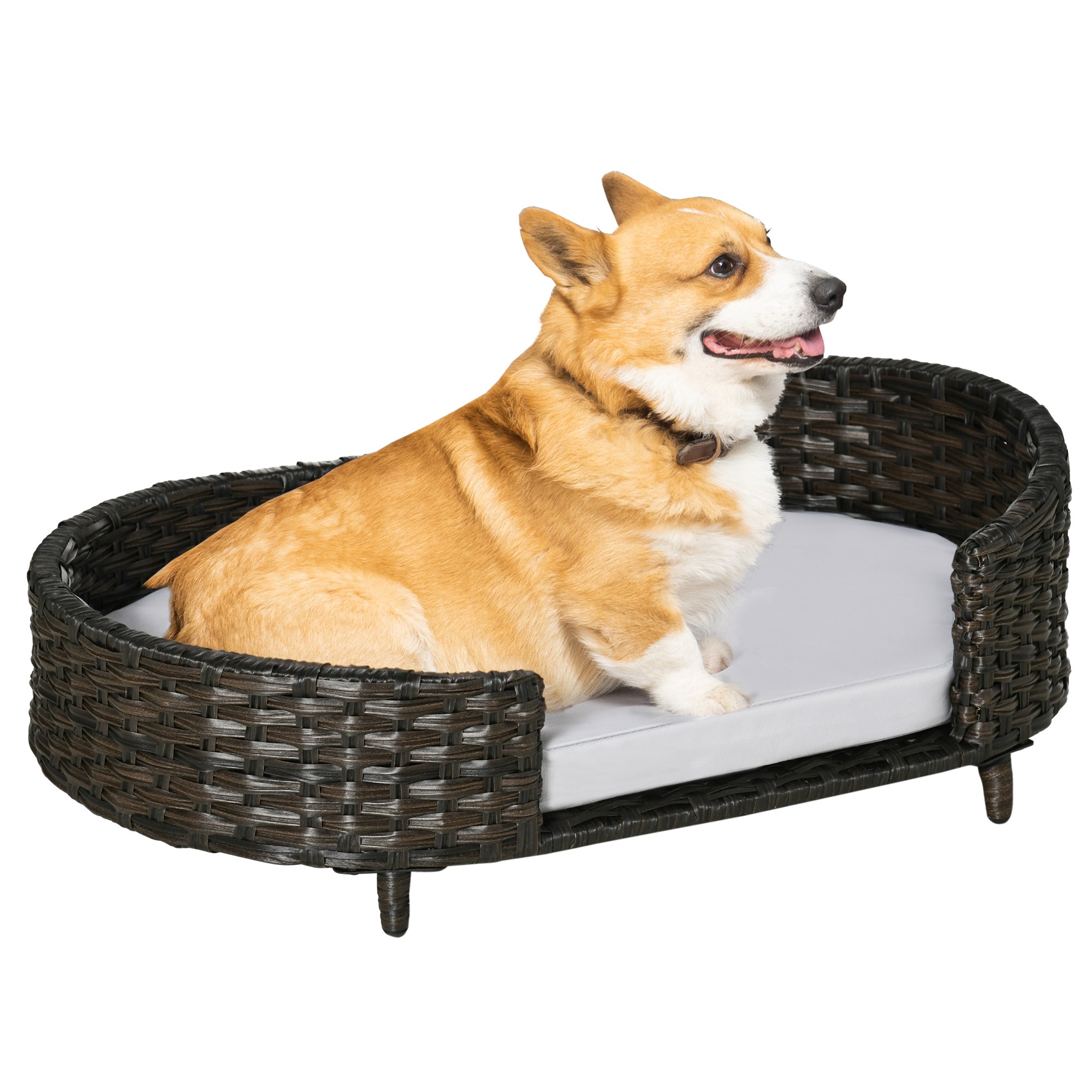 PawHut Raised Ratten Dog Bed Sofa, Elevated Wicker Cat Couch Bed with Removable Soft Cushion Washable Cover, for Small & Medium Dogs, Charcoal Grey