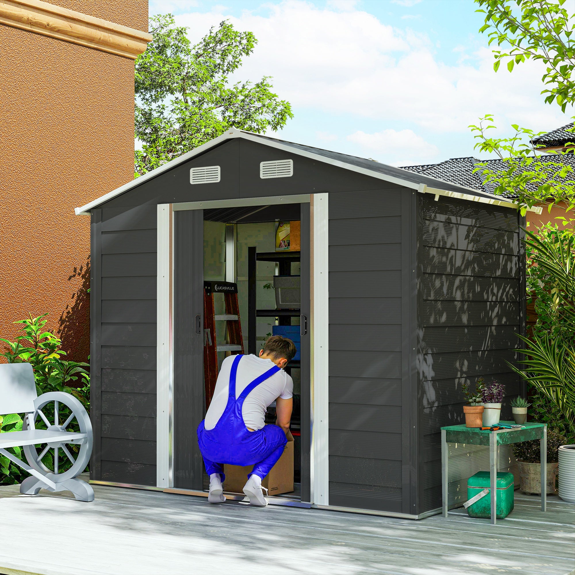 Outsunny 7.7' x 6.5' Outdoor Metal Garden Shed House Hut Gardening Tool Storage with Ventilation, Dark Grey