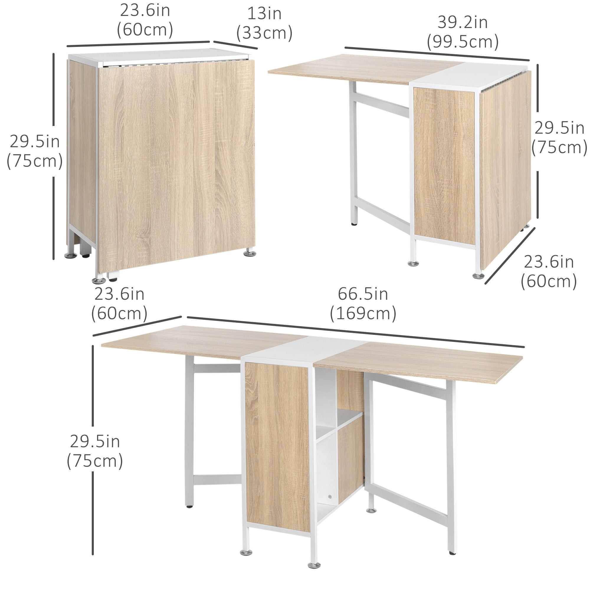 HOMCOM Multi-use Space Saving Folding Dining Table with Hideaway Shelves for Kitchen, Dining, Study and Office