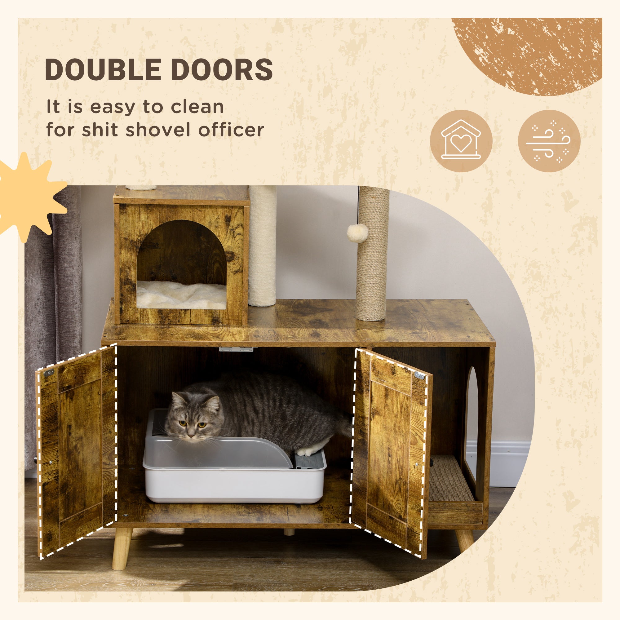 PawHut Litter Box Enclosure with Cat Tree Tower, Hidden Cat Washroom Furniture with Condo, Scratching Posts, Large Platform, Hammock and Soft Cushion, Rustic Brown