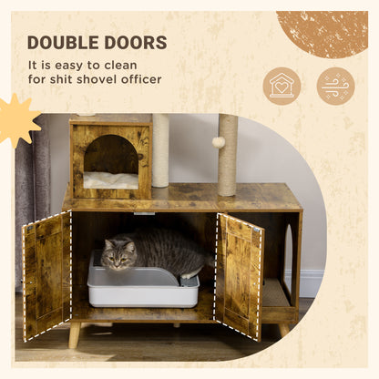 PawHut Litter Box Enclosure with Cat Tree Tower, Hidden Cat Washroom Furniture with Condo, Scratching Posts, Large Platform, Hammock and Soft Cushion, Rustic Brown