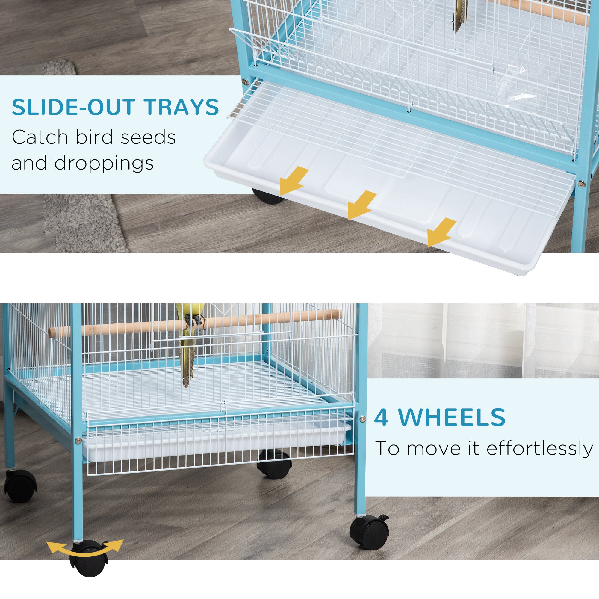 PawHut 55.1" 2 In 1 Bird Cage Aviary Parakeet House for finches, budgies with Wheels, Slide-out Trays, Wood Perch, Food Containers, Light Blue