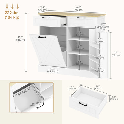 HOMCOM 10 Gallon Hidden Garbage Bin Cabinet, Tilt Out Trash Cabinet w/ 2 Drawers, Freestanding Kitchen Island, White