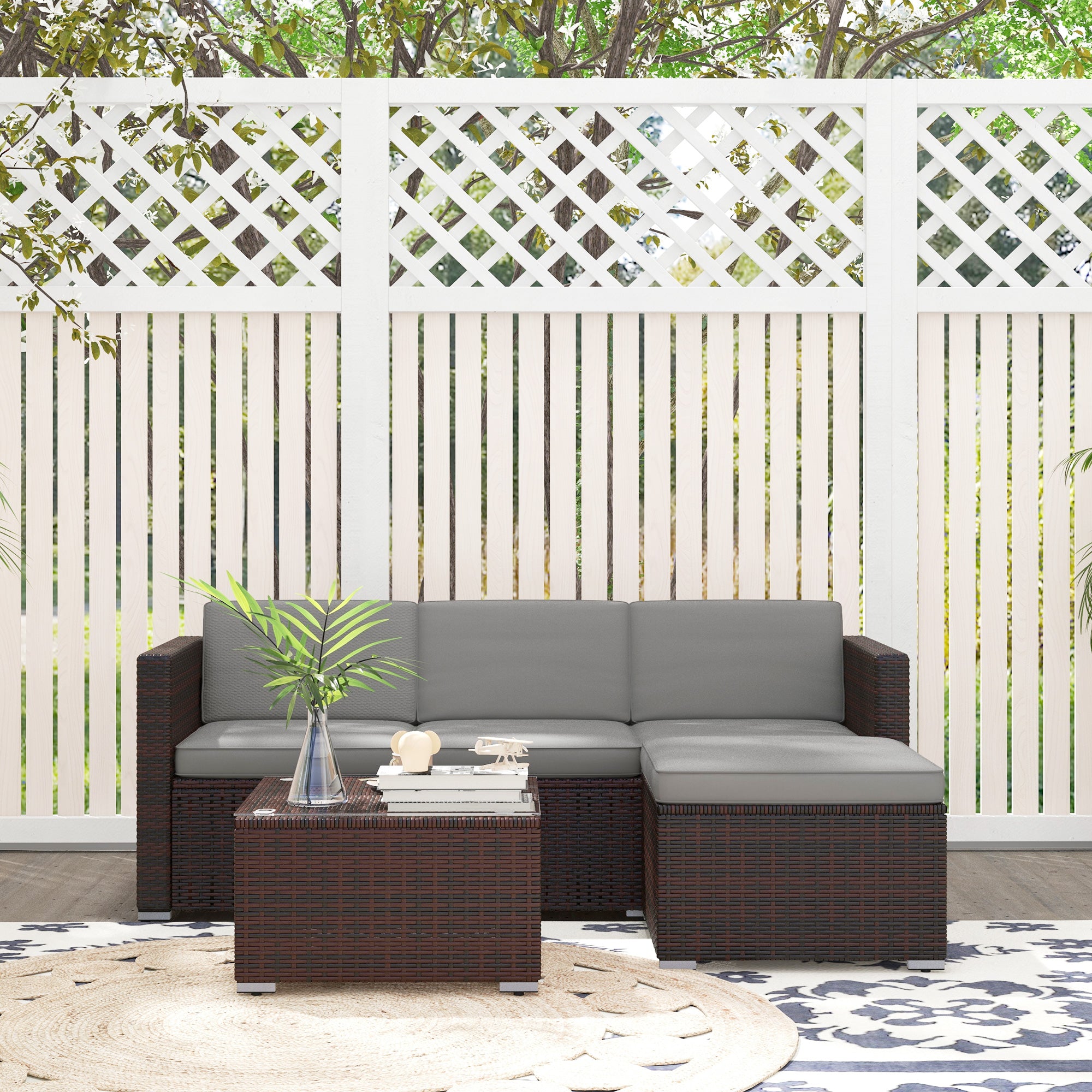 Outsunny Patio Furniture w/ Soft Cushions, Corner Sofa Sets, Grey