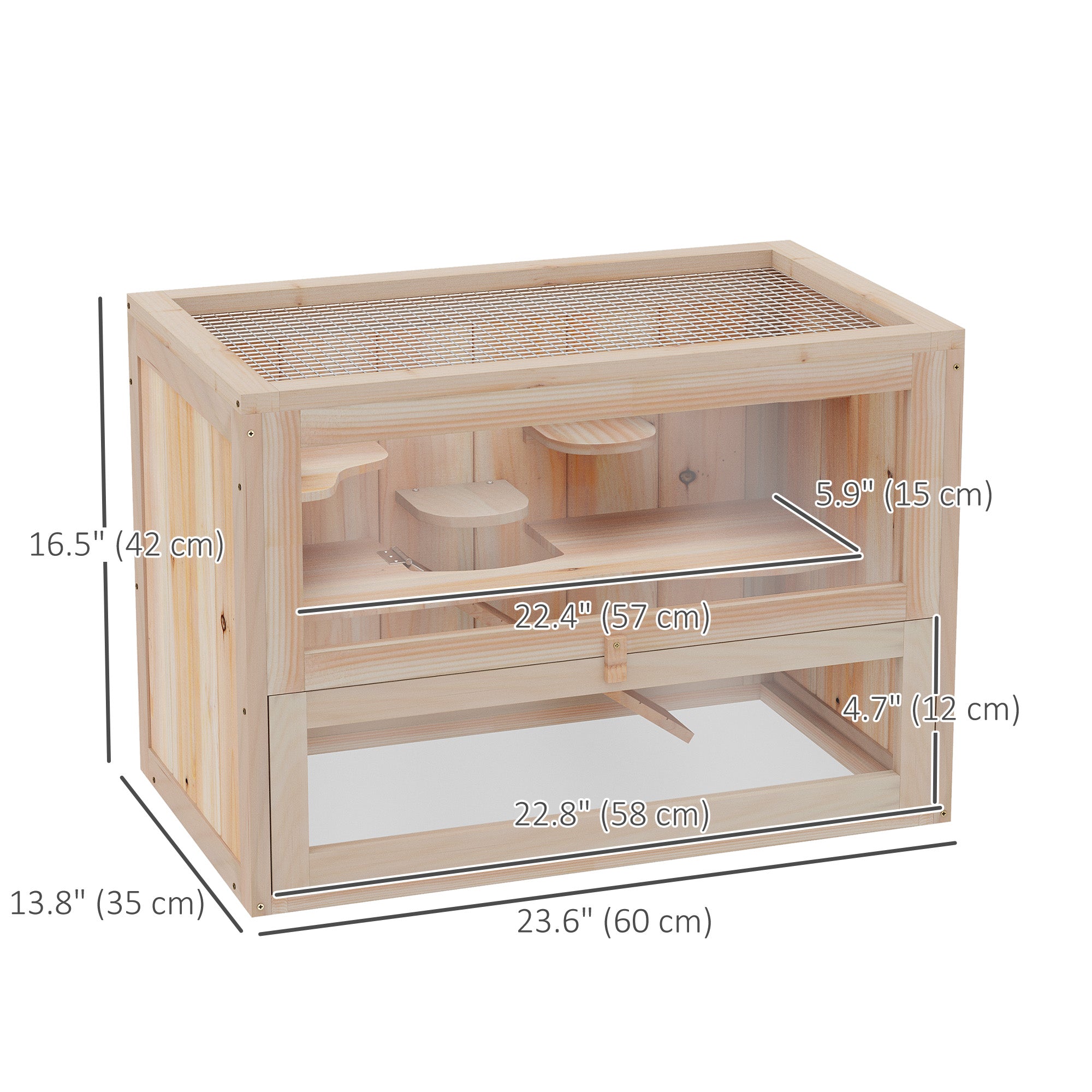 PawHut 24 Inch Hamster Cage, 2 Levels Small Animals Habitat Pet House with Openable Roof, Run Space, Platforms, Natural Wood